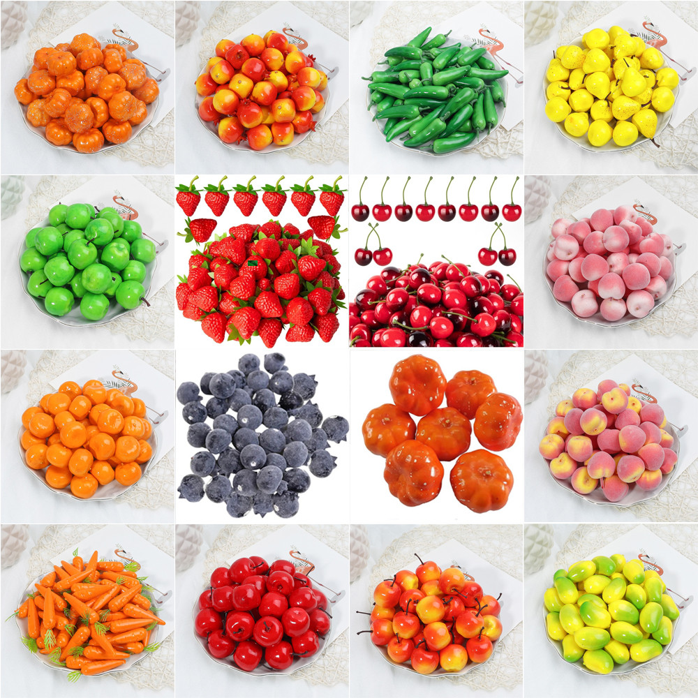 5PCSMini ผักผลไม้ประดิษฐ์สตรอเบอร์รี่ปลอม Cherries ,Apple Pumpkin, Lemon, Chili, Peach, Pear สําหรับงานแต่งงาน Prop