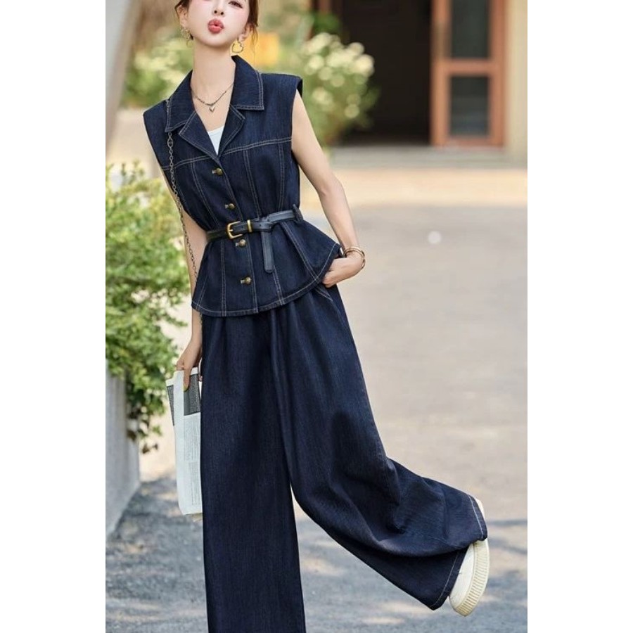 牛仔洋气套装复古时尚2025夏季新款高级休闲无袖两件套衬衫Cowboy western-style suit retro fashion 2025 summerhtyt766.th