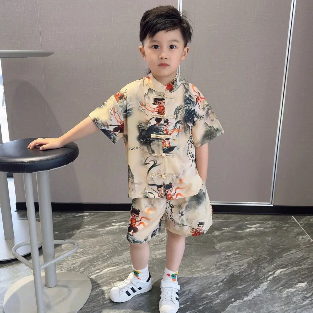 Nezha Clothing ชุดเด็ก Boys Han Clothing Chinese Short Sleeves Tang Suit