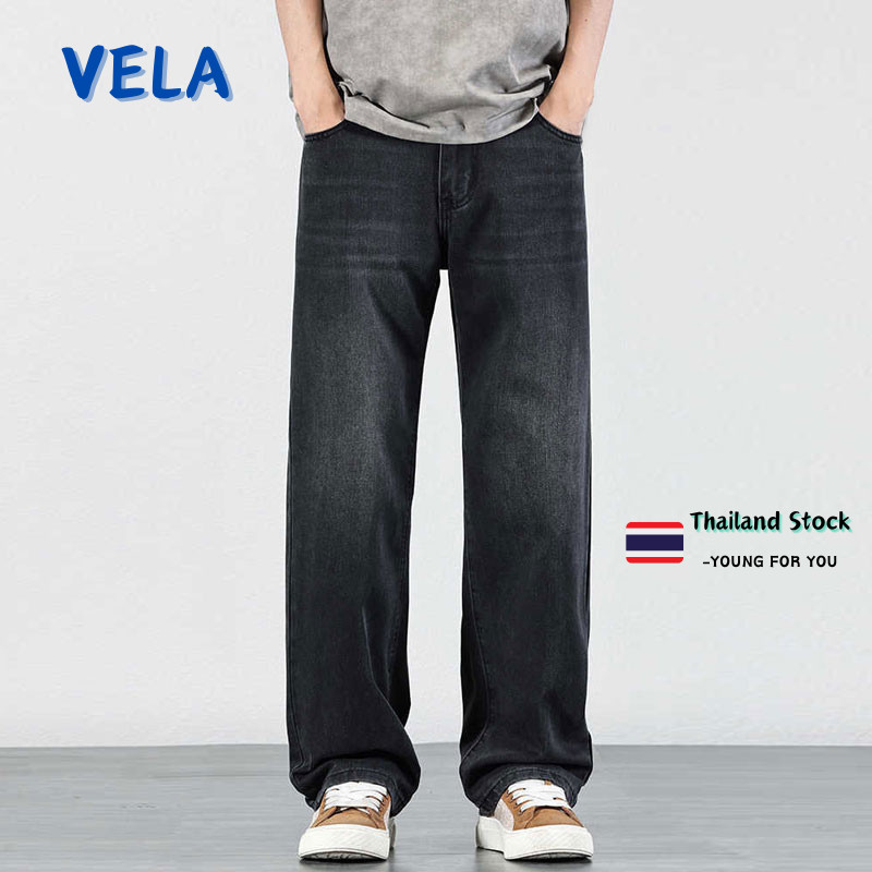 Vela-กางเกงยีนส์ผู้ชาย ขายาว baggy jeans สีดําเทา ทรงกระบอก วินเทจ  ทรงหลวม สไตล์เกาหลี ย้อนยุค S-3XL