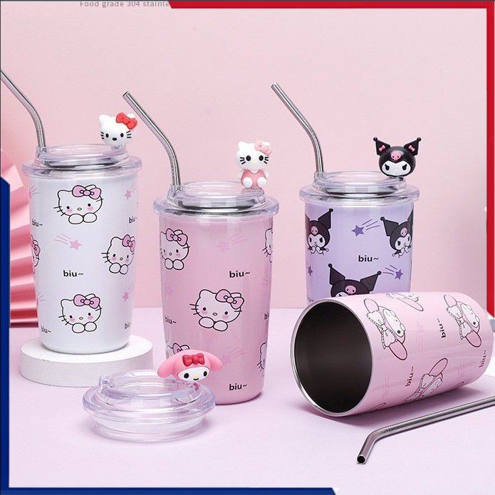 แก้วน้ำ Sanrio Hello Kitty Kuromi แก้วน้ำแบบมีหลอด แก้วน้ำเก็บความร้อนสแตนเลส แก้วน้ำพกพา แก้วน้ำลายการ์ตูน ของใช้ในบ้าน 🎇