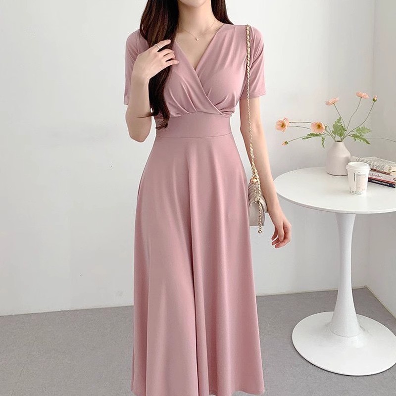 summer pink dress ออกงาน เดรสน่ารัก เกาหลี คอวี ผู้หญิง เดรสไปทะเล สีชมพู กระโปรงยาว ทํางาน ใส่สบาย