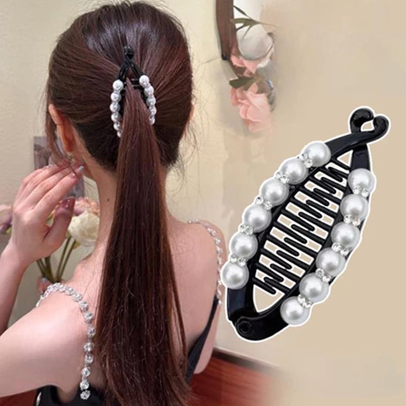 เซ็ตหนีบผม 2 ชิ้น สไตล์เกาหลีสำหรับผู้หญิง หนีบผมหางม้าสูงและคลิปผม มุกสวยงาม