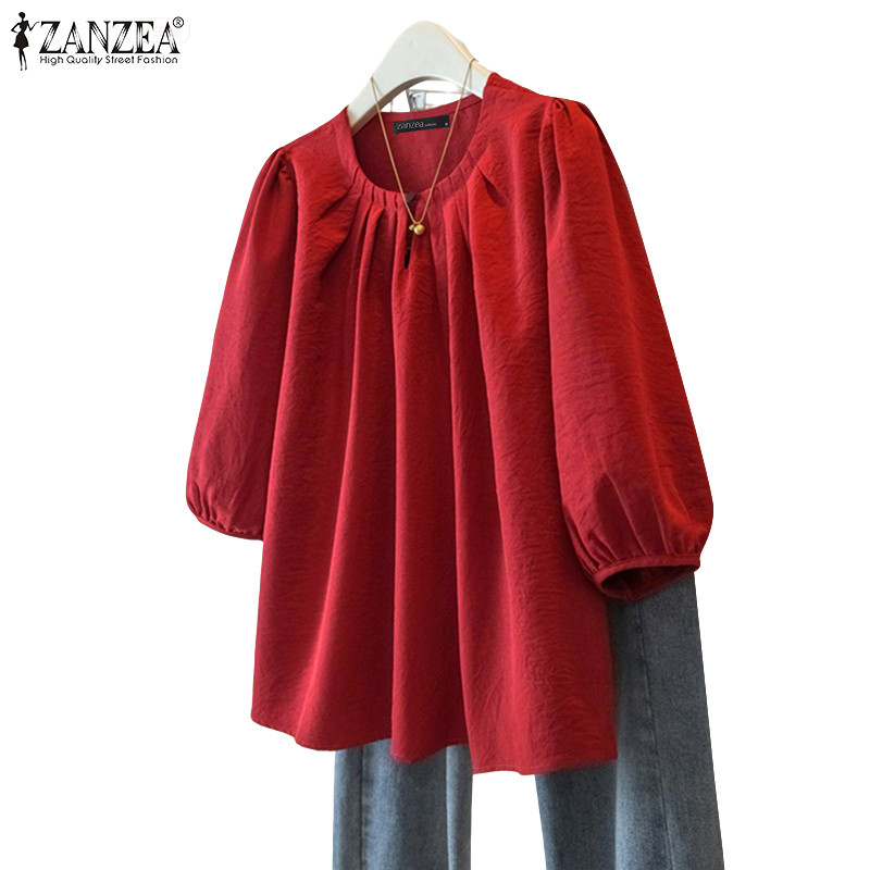 ZANZEA ซานเซีย เสื้อลำลองสไตล์เกาหลีสำหรับผู้หญิง แขนจีบพัฟ 3/4 ทรงหลวม