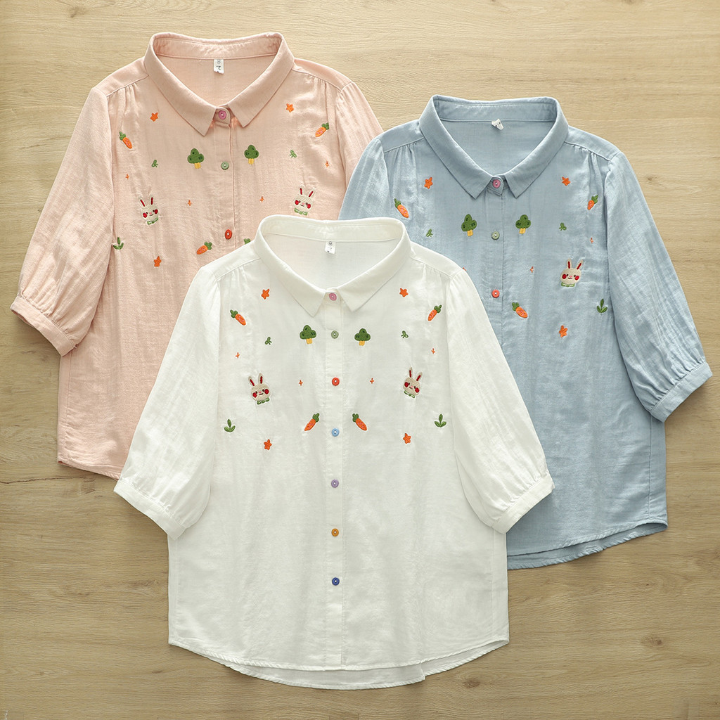 เสื้อผู้หญิงผ้าฝ้ายแท้ 100% แขนกลาง ปักลายสองชั้น ทรงหลวม มีกระดุม สี