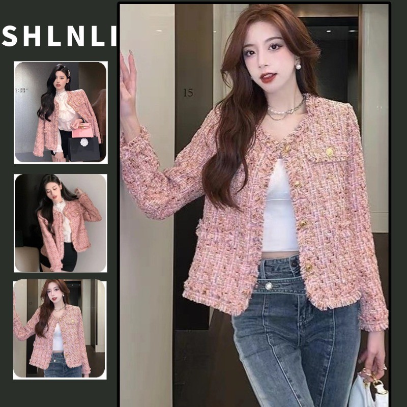 French Round Neck Spliced Short Jacket Womens Spring Autumn Long Sleeve Button Coat