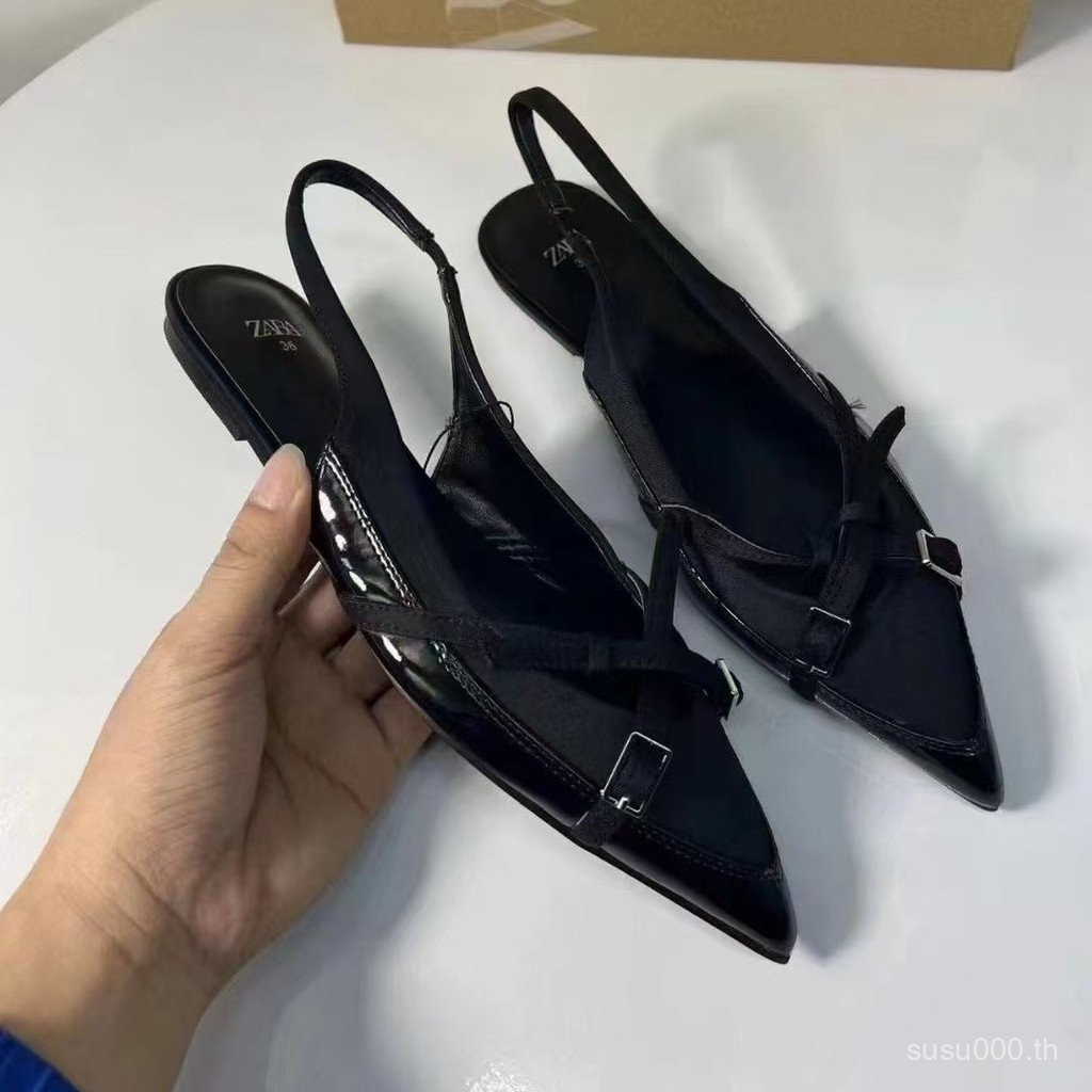 zara2025 ฤดูใบไม้ผลิฤดูร้อนสไตล์ใหม่ French Buckle Casual กลับที่ว่างเปล่าแบน Mules Classy One-word สายคล้อง All-match รองเท้าเดียวผู้หญิง