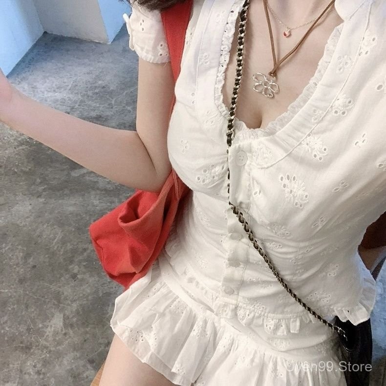 [KPI1]ชุดสองชิ้นระดับไฮเอนด์: เสื้อลูกไม้ jacquard คอยูแขนสั้น + กระโปรงรัดรูปสไตล์ฝรั่งเศส