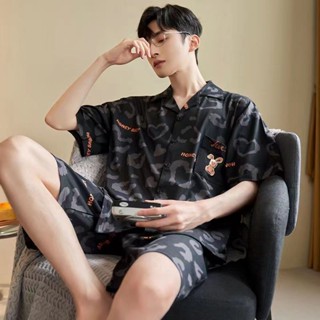 ชุดนอนชายแขนสั้นสไตล์เกาหลี ทำจากผ้าฝ้ายคาร์ดิแกน ใส่สบายสำห…