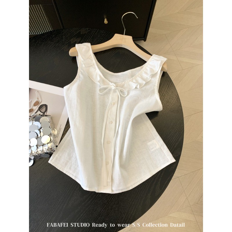 shayne-เสื้อกั๊กสำหรับสุภาพสตรี คอกลม สีทึบ ผีเสื้อ ปม ความเรียบง่าย หวาน แฟชั่นสบาย ๆ เวอร์ชั่นเกาหลี