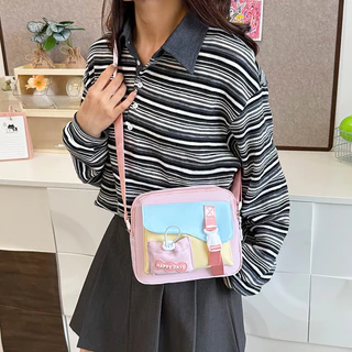 (มีส่งด่วน) ifashionbag(IF2447) กระเป๋าสะพายข้างใบเล็ก ผ้าแคนวาสสีทรูโทน ขนาด10นิ้ว