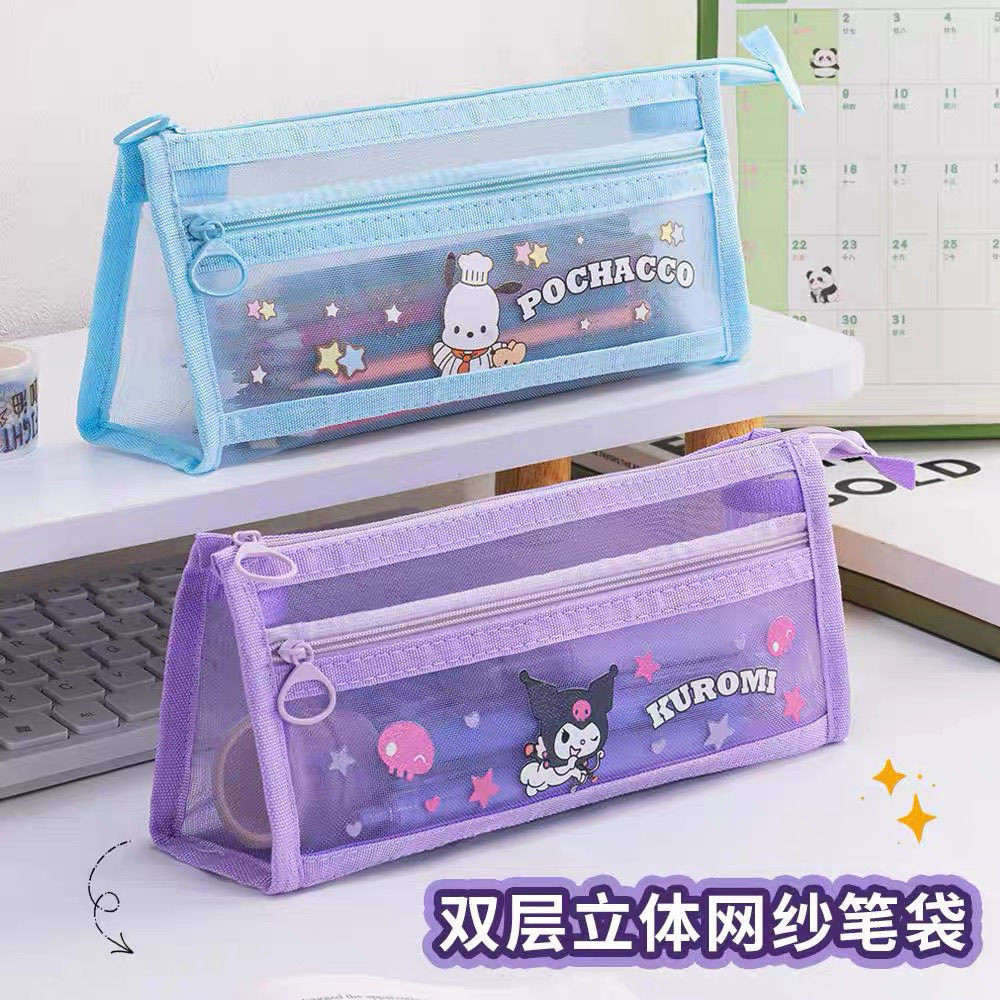 กล่องดินสอตาข่าย Kuromi Melody สุนัขหูใหญ่โปร่งใสน่ารักขนาดใหญ่กระเป๋าเครื่องเขียน KT กระเป๋าดินสอเด็กนักเรียนของขวัญโรงเรียน