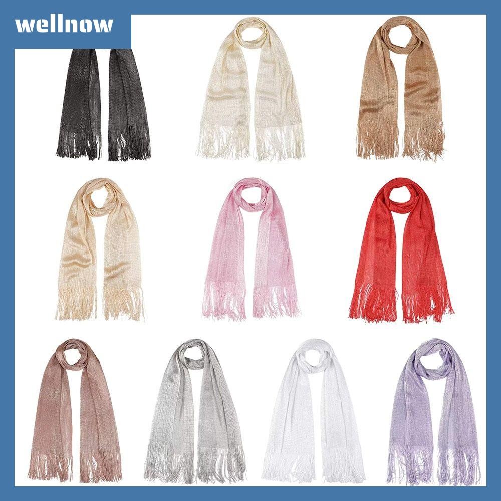 Welnov ผ้าพันคอไหมพร้อมห้อยด้วยเส้นใยกันแดดสีทองแวววาว สไตล์ฮิญาบทองคำสำหรับฤดูใบไม้ผลิและฤดูร้อน