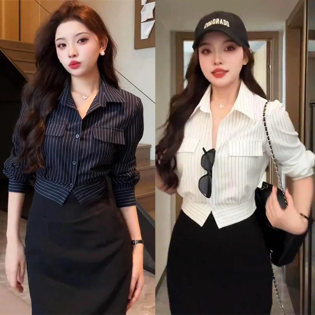 Chili Koko เสื้อเชิ้ตแขนยาวลายทางคอโปโลสไตล์ฝรั่งเศสสำหรับผู้หญิง เสื้อครอปแขนยาว w629