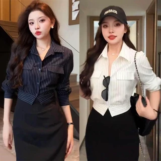 Chili Koko เสื้อเชิ้ตแขนยาวลายทางคอโปโลสไตล์ฝรั่งเศสสำหรับผู้หญิง เสื้อครอปแขนยาว w629