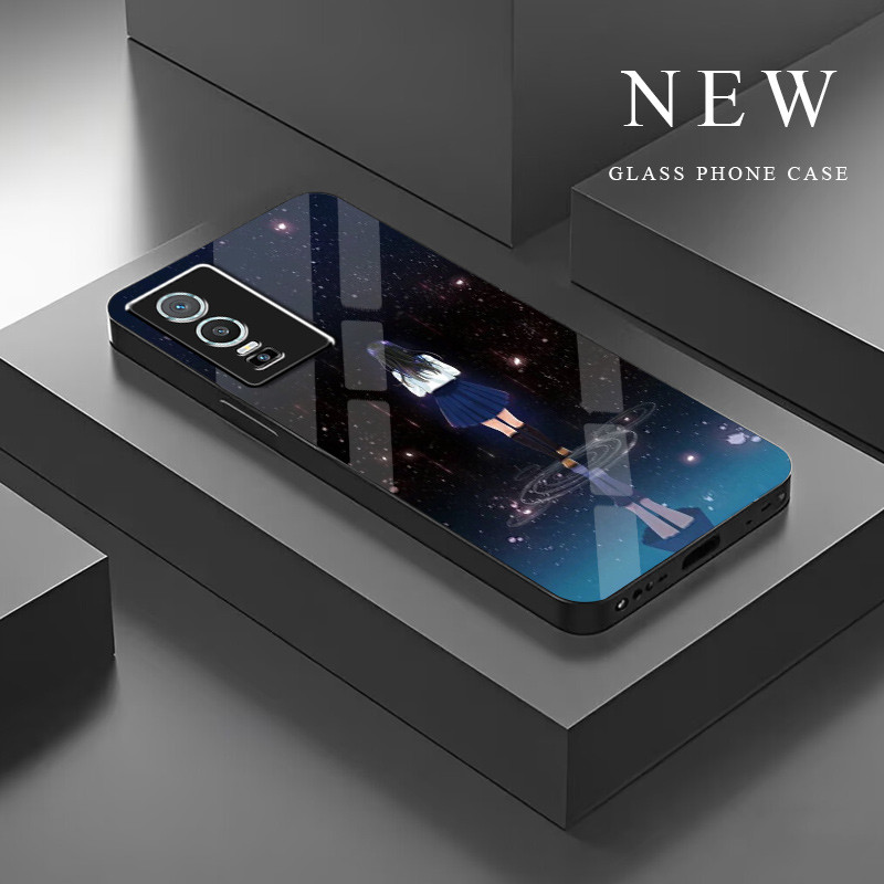 ปลอกแก้วสําหรับ Vivo Y76 5G Y76s 5g เคสกันกระแทกกระจกนิรภัย Back & กรอบซิลิโคนอ่อนนุ่มป้องกันรอยขีดข