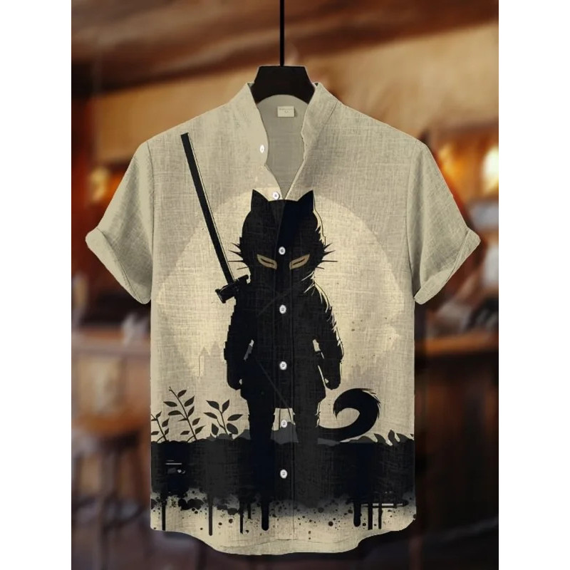 เสื้อเชิ้ตแขนสั้นผู้ชายย้อนยุค ดีไซน์ธีมแมวการ์ตูนและศิลปะพิมพ์ สบายสำหรับวันหยุดฤดูร้อน