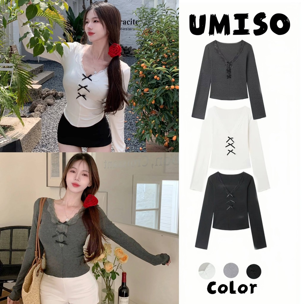 UMISO  ผู้หญิงเสื้อยืดแฟชั่นลูกไม้สีทึบคอวี สีพื้น เสื้อแขนยาวผู้หญิง พร้อมส่งจากกทม