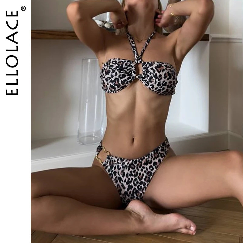 ELL Sexy Women Swimsuit 2025 Summer Wild Halter Metal Accessories Bandage Swimwear Youth Girls' Bini