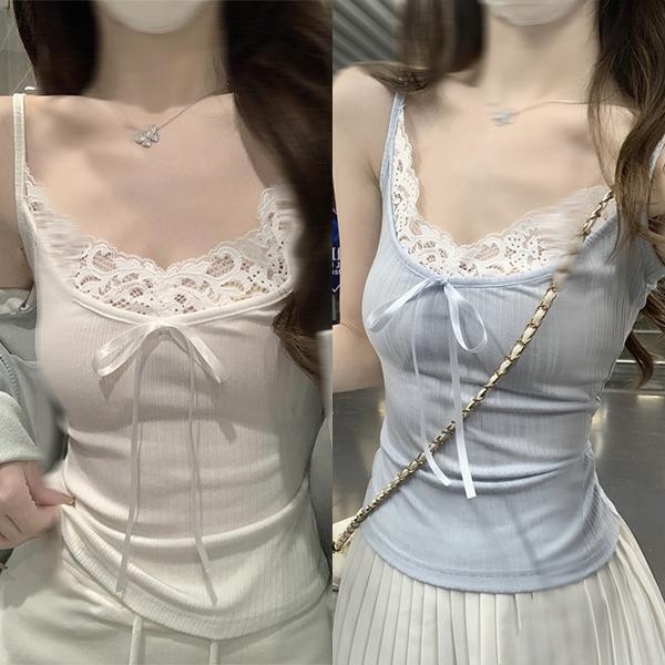 Red Berryเสื้อกั๊กคอเหลี่ยมสไตล์เกาหลี แต่งลูกไม้เนื้อนุ่ม แขนกุด ฤดูร้อนและฤดูใบไม้ร่วง2697
