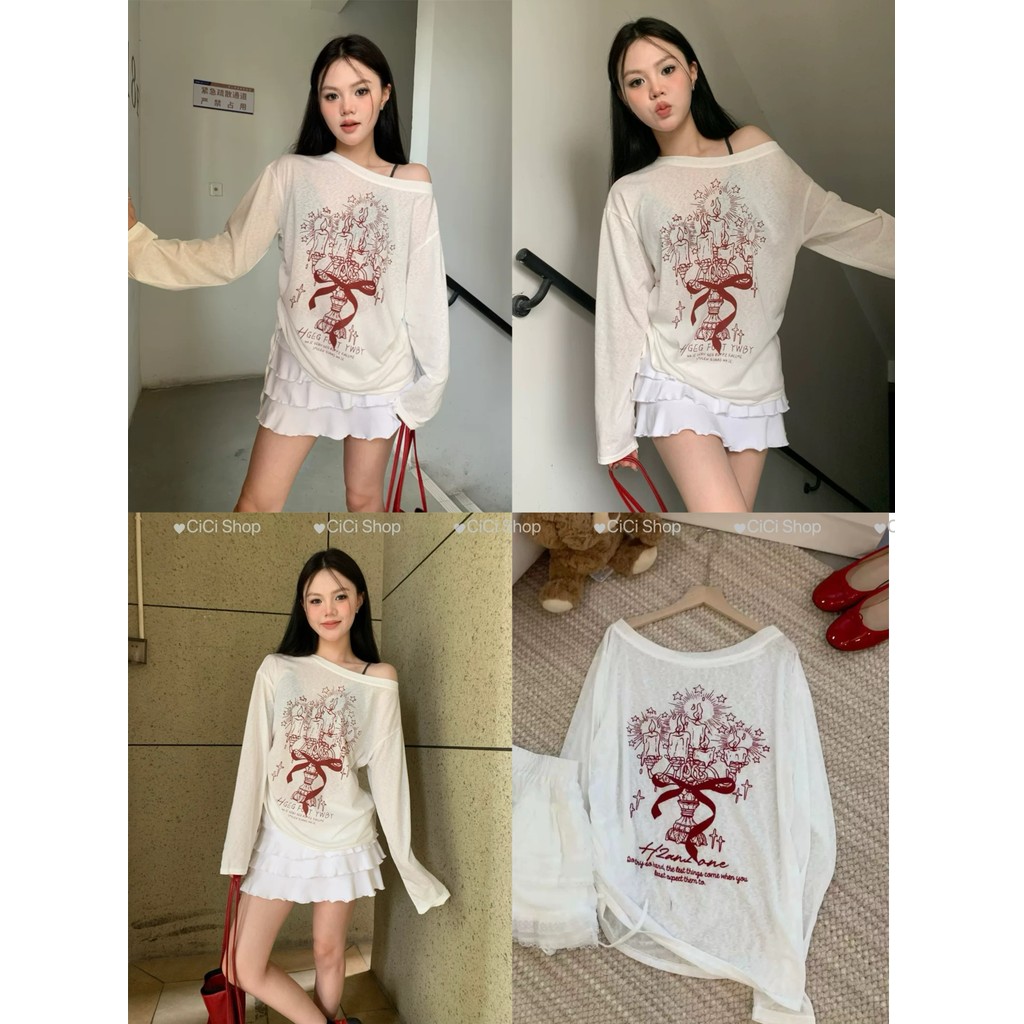 Cicishop(CM2081) เสื้อแขนยาวผ้าโปร่งปาดไหล่ พิพม์ลายเทียนไข เชือกผูกด้านข้าง โอเวอร์ไซส์