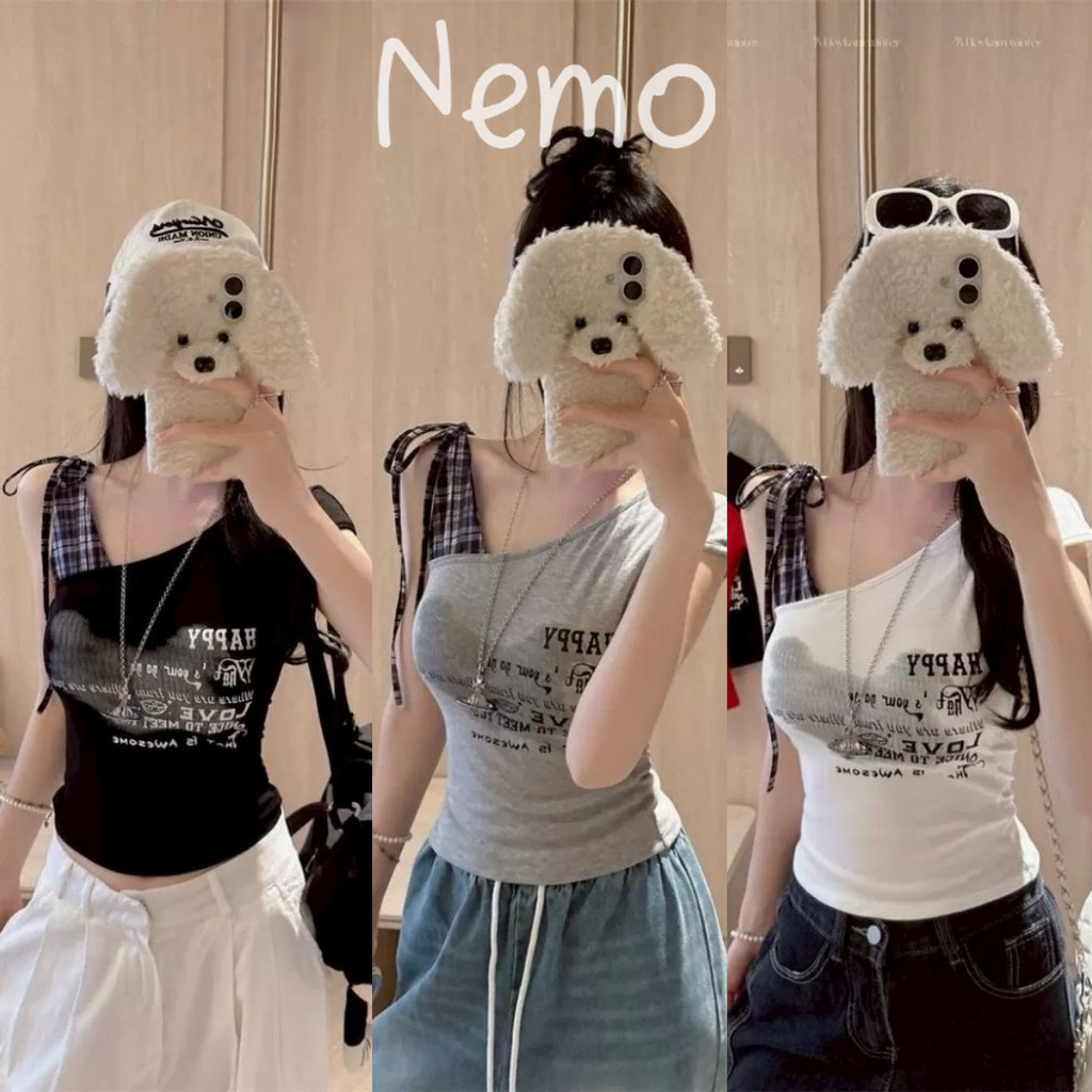 Nemo store🌸#FY66013 เสื้อกล้าม เสริมฟองน้ำ แต่งสายลายสก็อต ผ้านุ่มนิ่ม สกีนตัวอักษร แฟชั่นผู้หญิง