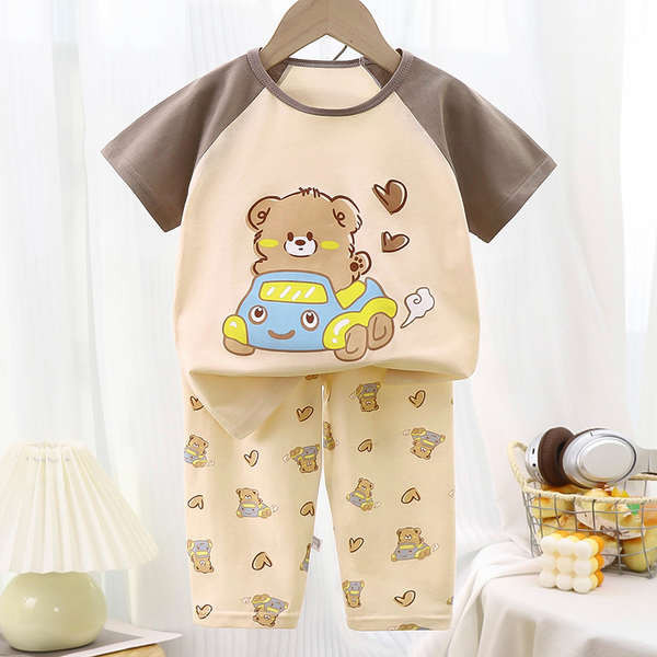 kiki baby shop ชุดนอนเด็ก ชุดนอนแขนสั้น เสื้อผ้าเด็กฤดูร้อนชุดนอนเด็กแบบบางแขนสั้นกางเกงขายาวเสื้อยื