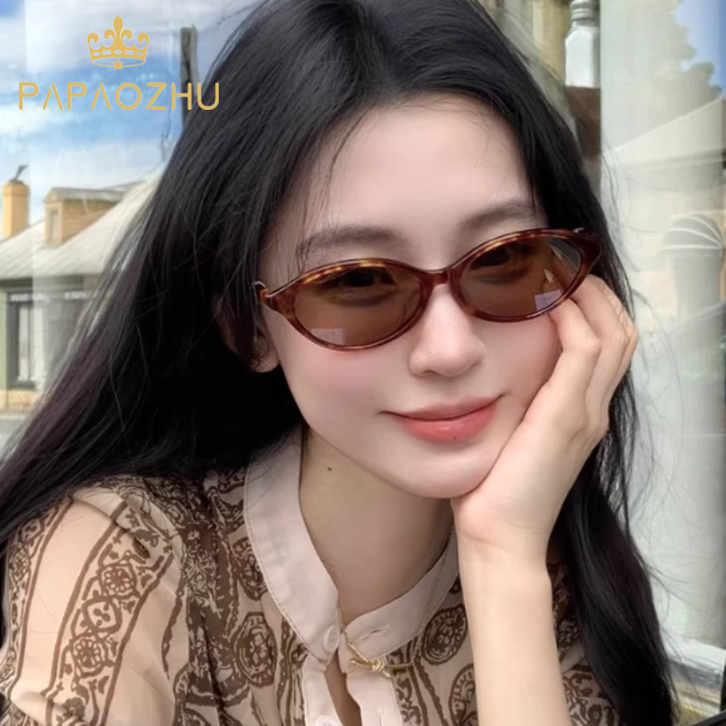 PAPAOZHU เอเลแกนต์เรโทรแว่นตาน้ำตาลทรงรูปไข่แคบ สำหรับผู้หญิง ป้องกันแสงUVขณะขับรถและวันหยุด