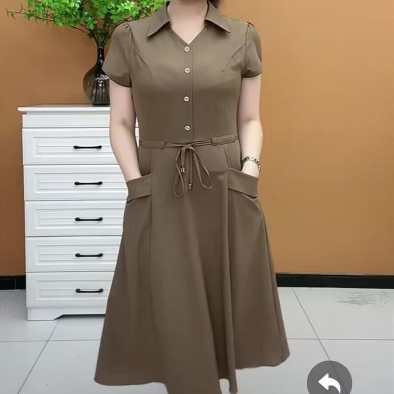 ชุดเดรสลําลองทรงหลวมแฟชั่นสตรีแขนสั้นแบบใหม่มีสไตล์และใช้งานได้หลากหลายชุดเดรสทรงเอเรียบง่าย