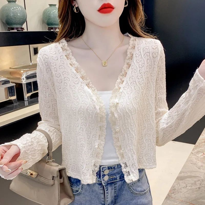 Ice lace hollow sunscreen cardigan แขนยาวสั้นผู้หญิงสไตล์บางพิเศษผ้าคลุมไหล่ Solihouett Suspenders n