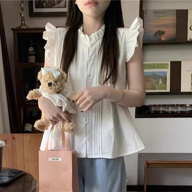 Red Berryเสื้อเชิ้ตลายสก็อตสีฟ้าสไตล์ฝรั่งเศส แขนกระดิ่งเล็ก สำหรับผู้หญิงในฤดูร้อนW623