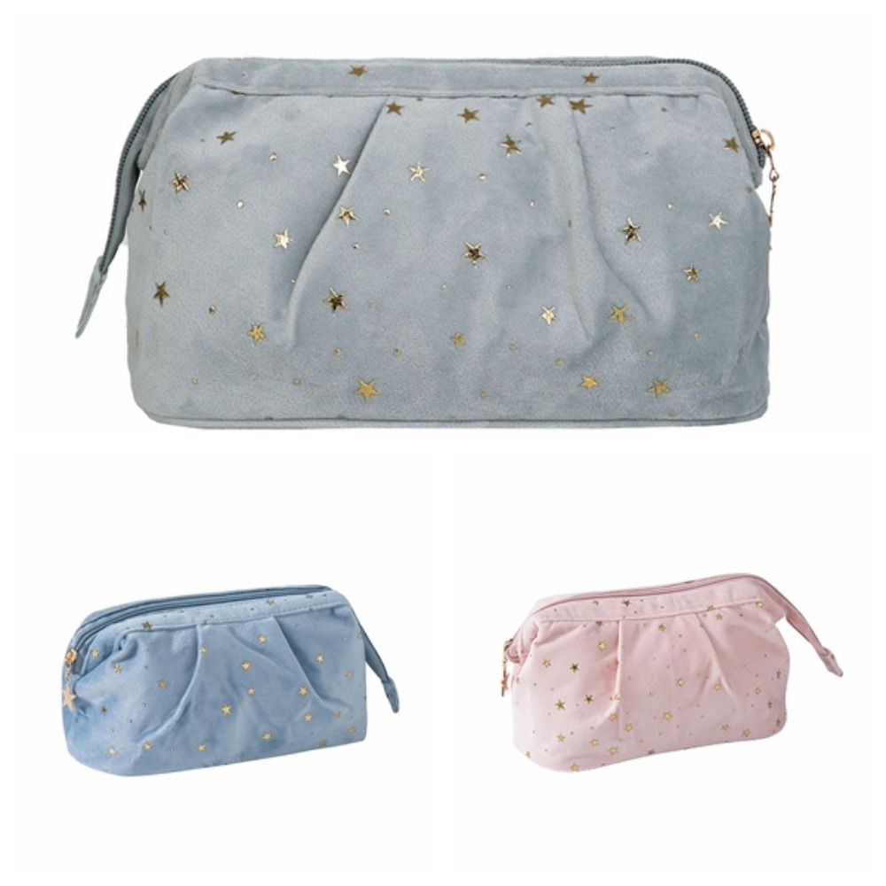 SOLARLINX Shell Shape Makeup Case,ซิปล้างกระเป๋ากํามะหยี่กระเป๋าเครื่องสําอาง,เกาหลีIns Bronzing Starsขนาดใหญ่ความจุกระเป๋าถือกระเป๋าเดินทางล้างหน้า - รูปที่ 2