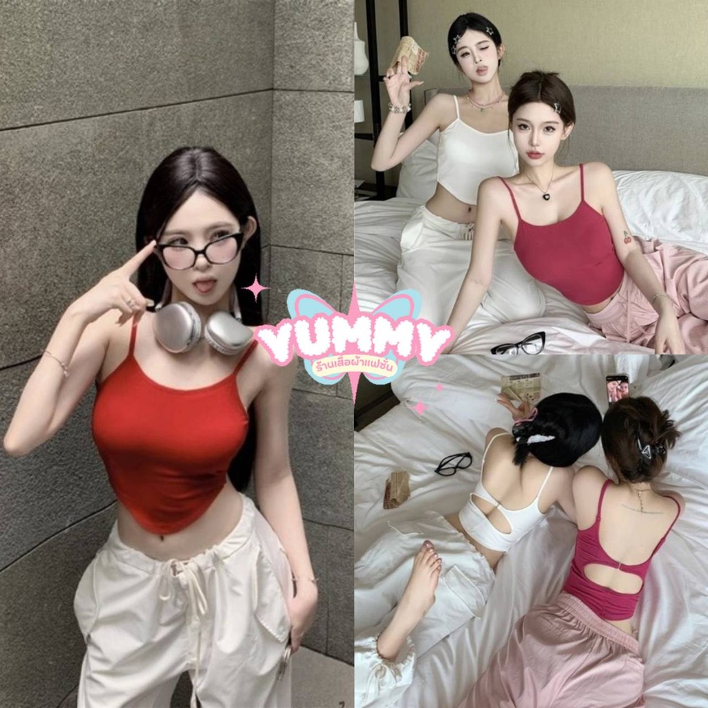 🎀Yummy Shop🎀พร้อมส่ง (FY2634) เสื้อสายเดี่ยว เว้าด้านหลัง มีฟองน้ำ