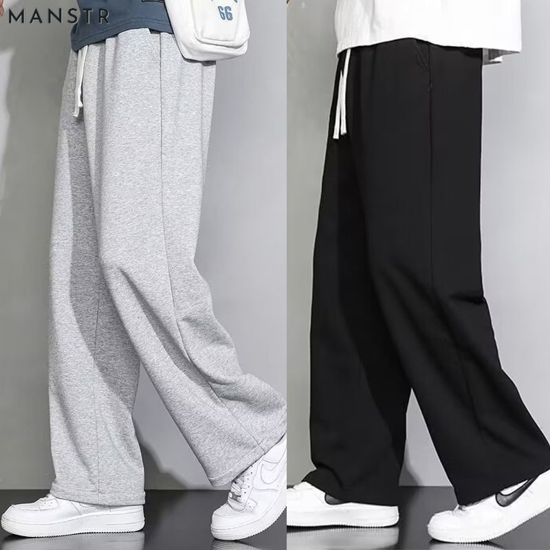 MANSTR M-5XL ผู้ชายผ้าไหมน้ําแข็งหลวมสบายๆขากว้าง Sweatpants ขากว้างสีทึบ กางเกงขายาวผ้ายืดมีเชือก Loose ขนาดสีดําสีเทา