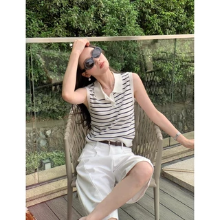 เสื้อคลุมกล้ามครอปแขนกุดแบบคอโปโลลายทาง สไตล์เก๋สำหรับทุกวัน