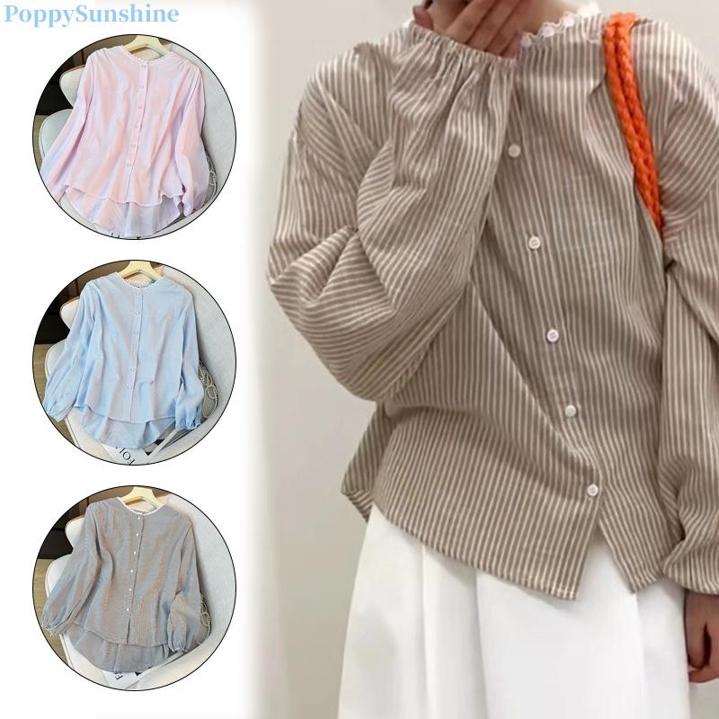 เสื้อเชิ้ตแขนยาวลายทางคอกลมติดกระดุมมุกลูกไม้หวานๆ แฟชั่นฤดูใบไม้ร่วงสำหรับผู้หญิง เสื้อตัวหลวมๆ อเนกประสงค์W531