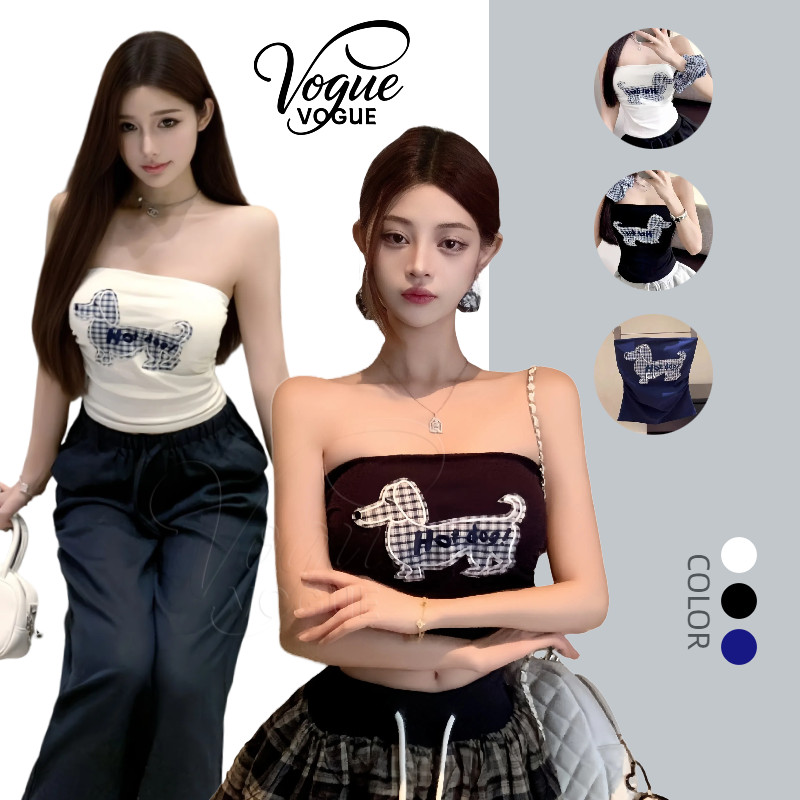 Vogue🌟พร้อมส่ง🌟 เสื้อเกาะอก มีฟองน้ำในตัว ลายน้องหมาน่ารัก สีพื้นน้ำเงินดำขาว (FY66022)
