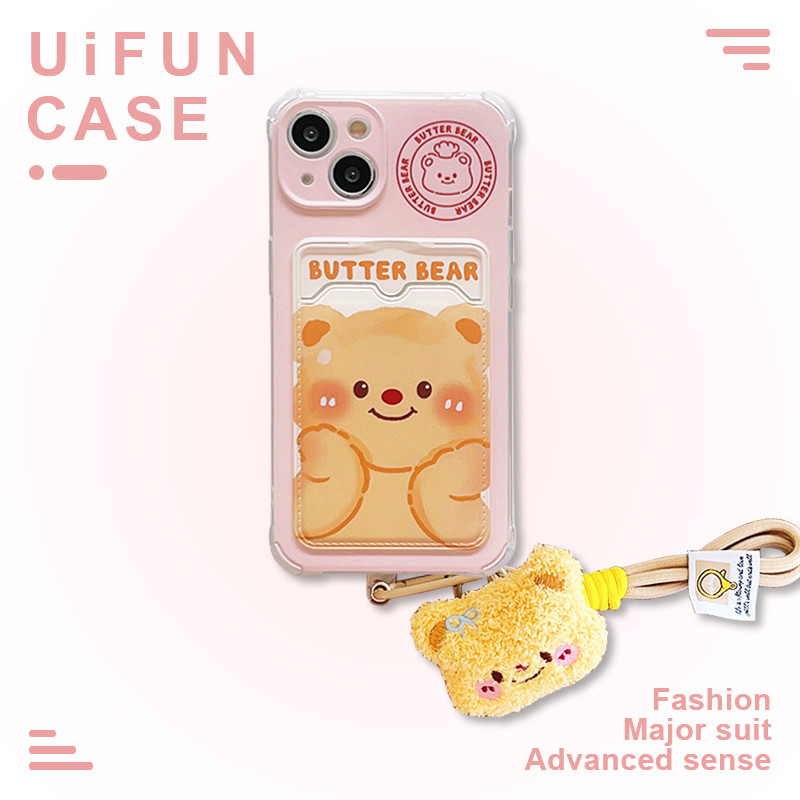น่ารักการ์ตูนเนยหมีตุ๊กตาสายรัดข้อมือผู้ถือบัตรเคสโทรศัพท์เข้ากันได้สําหรับ ไอโฟน 15 14 13 12 มือโปร สูงสุด 11ครอบคลุมเต็มรูปแบบ ทีพียู ป้องกันการหล่นปกหลังปลอก