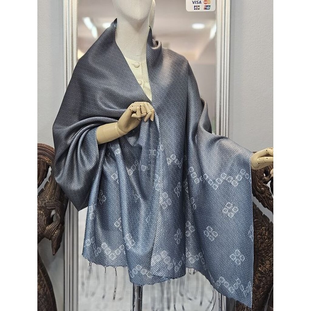 ผ้าคลุมไหล่ไหม ยกดอก มัดย้อม ไล่เฉดสี ขนาด 65x200ซม.พื้นสีเทา รหัส ZYE-TT-0705671427