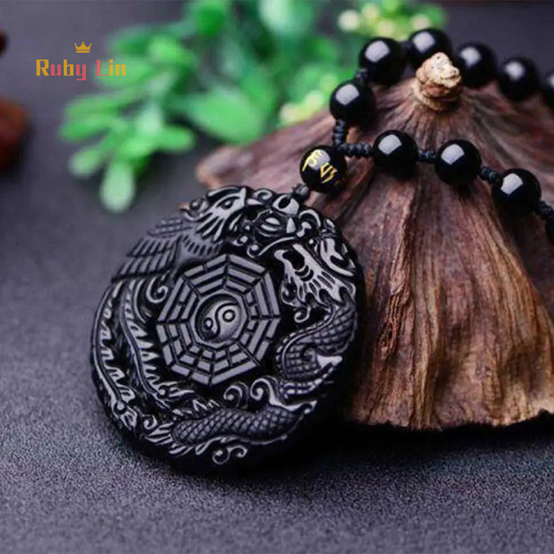 Ruby Lin ธรรมชาติสีดํา Obsidian มือแกะสลักมังกรจีน Phoenix Bird Amulet BaGua สร้อยคอผู้หญิงผู้ชาย Luck Mascot Amulet จี้ Nice