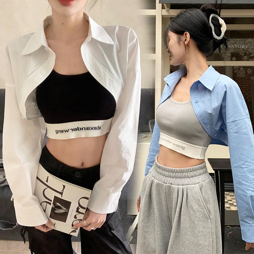 MIMI&DIDI#เสื้อเชิ้ตครอปคอปกลำลองสีขาว เสื้อแขนยาวแฟชั่นผู้หญิง สไตล์เกาหลี อเนกประสงค์และกระชับสัดส่วน 3สี#W415
