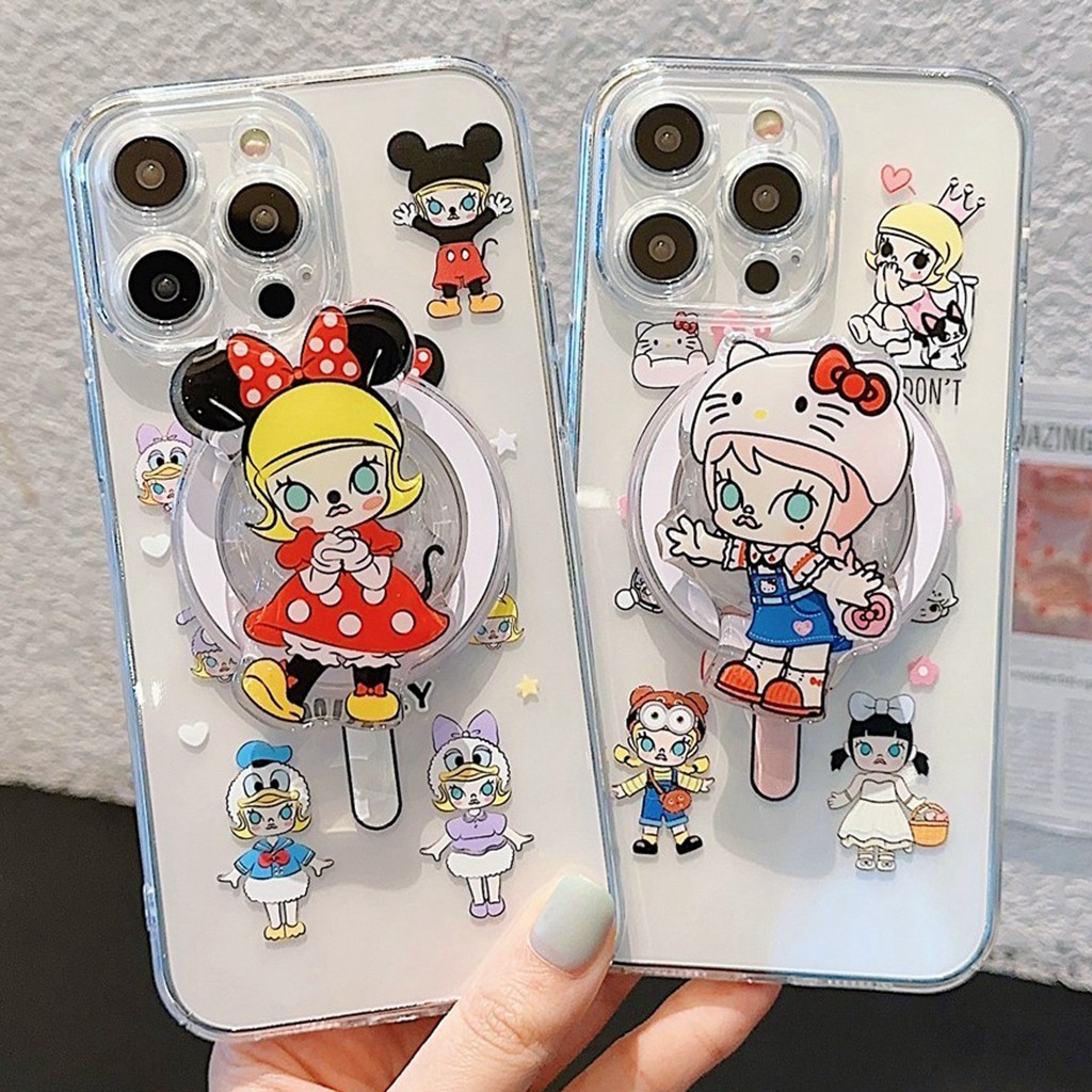 ปลอกสําหรับ iPhone 15 Pro Max 14 11 13 12Pro Magnetic Wireless Charging Stand Holder Popmart Molly Girl Hello Kitty รูปแบบ TPU เคสป้องกัน Anti-scratch กันกระแทก Shell Cover