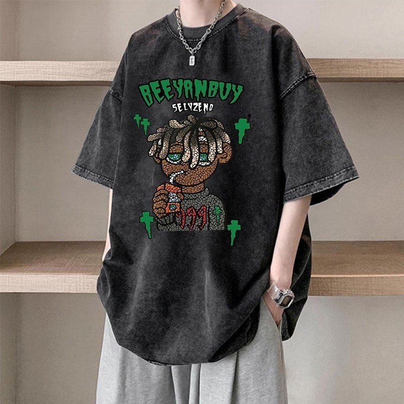 CC chao（ จัดส่งตลอด 24 ชั่วโมง ）เสื้อยืดฟอก ผ้าฝ้าย100% โอเวอร์ไซซ์ สีดําเข้ม สไตล์ฮิปฮอป เรโทรเสื้อเชิ้ตสำหรับคู่ร2