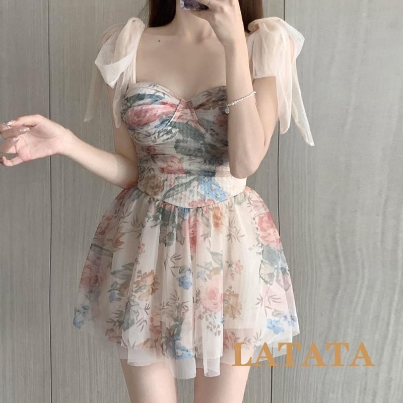 Lata-Women's Swimdress ชุดว่ายน้ำผู้หญิงแขนกุดฟั่นพิมพ์ชุดว่ายน้ำกระโปรงชายหาด