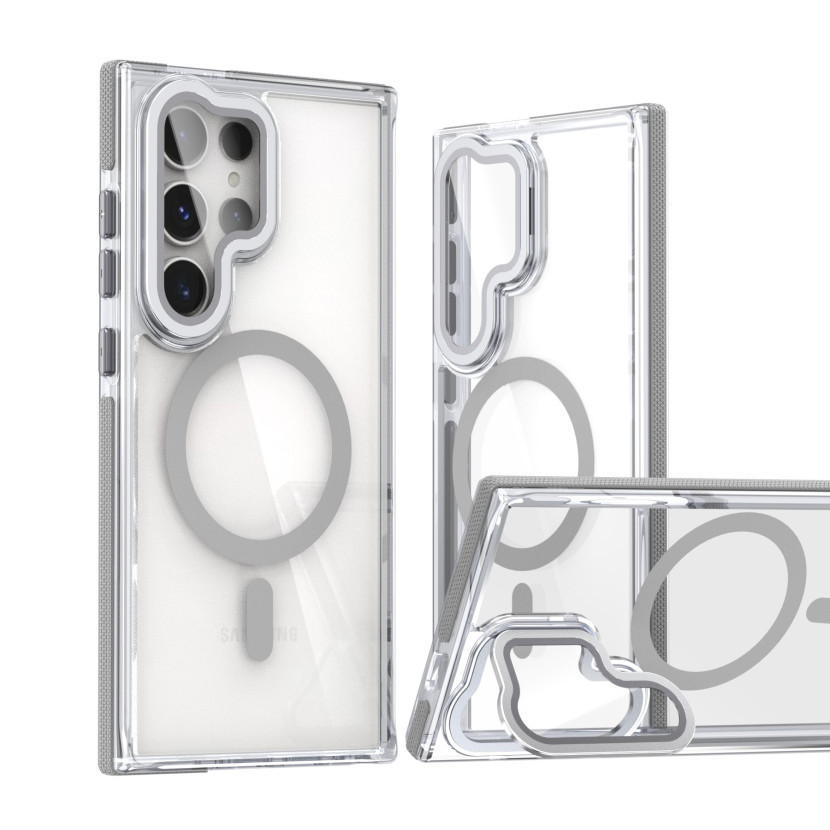SAMSUNG หรูหราสองสีที่มีสีสันเลนส์แม่เหล็กที่มองไม่เห็นวงเล็บอะคริลิล้างกรณีโทรศัพท์สําหรับ ซัมซุง ส24 ส23อัลตร้าพลัสขายืนชาร์จไร้สายป้องกันสีเหลืองกันกระแทกฮาร์ดปก