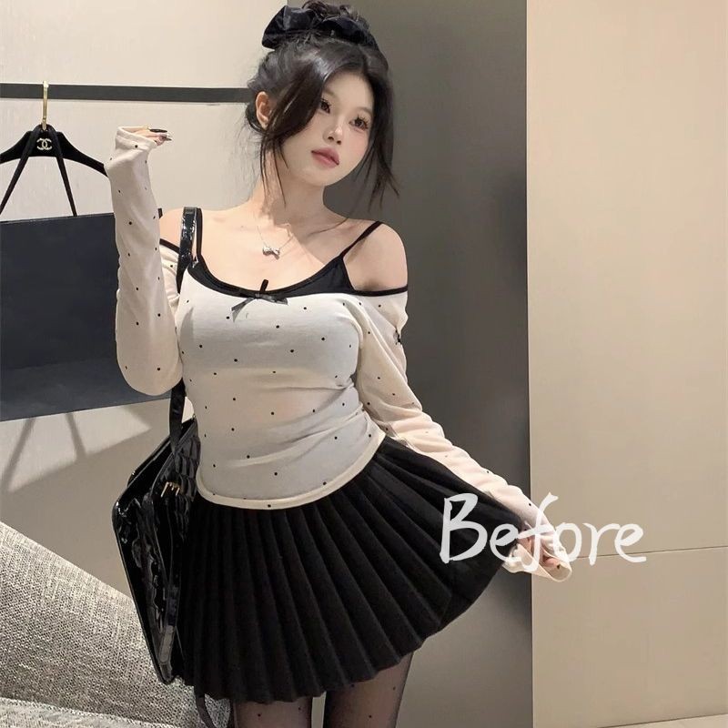 เสื้อยืดแขนยาว Bow Polka Dot ผู้หญิงปิดไหล่ชุดสองชิ้นเสื้อ Bottoming สั้น BF