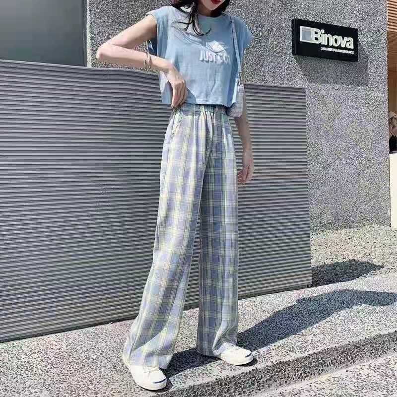 กางเกงเอวสูงผ้าลูกฟูก ลายสก็อต แต่งเชือกรูดด้านหน้า เอวยืด สำหรับผู้หญิง คุณภาพดี Clothing Women Pants -P003 - รูปที่ 2
