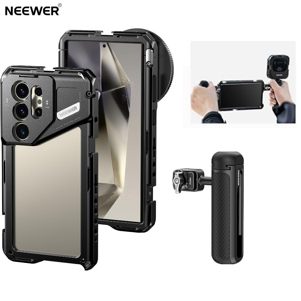 Neewer PA042 S24 Ultra Phone Cage Stabilizer พร้อมที่จับด้านข้าง, ตัวยึดขนาด 67 มม.และ 17 มม.&T เข้ากันได้กับเลนส์ Samsung Moment T Series, PA042+PA045S