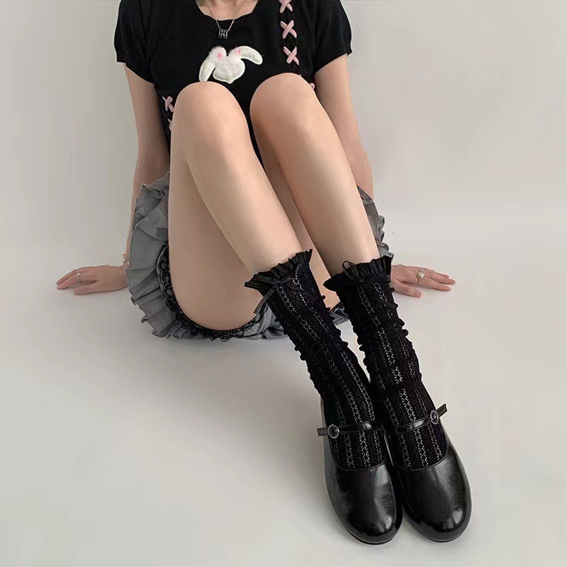 🌸พร้อมส่งในไทย🧦ถุงเท้าผู้หญิงโลลิต้า ลูกไม้ สีทึบ หวานและน่ารัก ถุงเท้าบัลเล่ต์โบว์ สวมใส่สบาย - รูปที่ 5