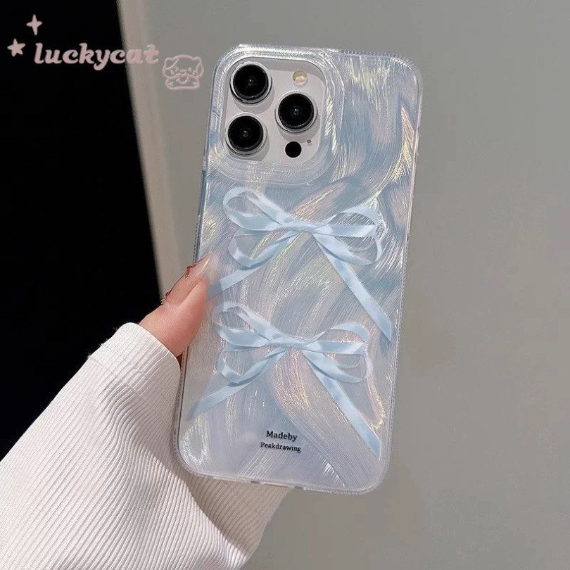 Iphone 15 14 13 12 11 Pro Max X Xr Xs Max 7 8 Plus SE2020 เคสโทรศัพท์ ins สดสีฟ้าโบว์ฝาครอบโทรศัพท์นุ่ม